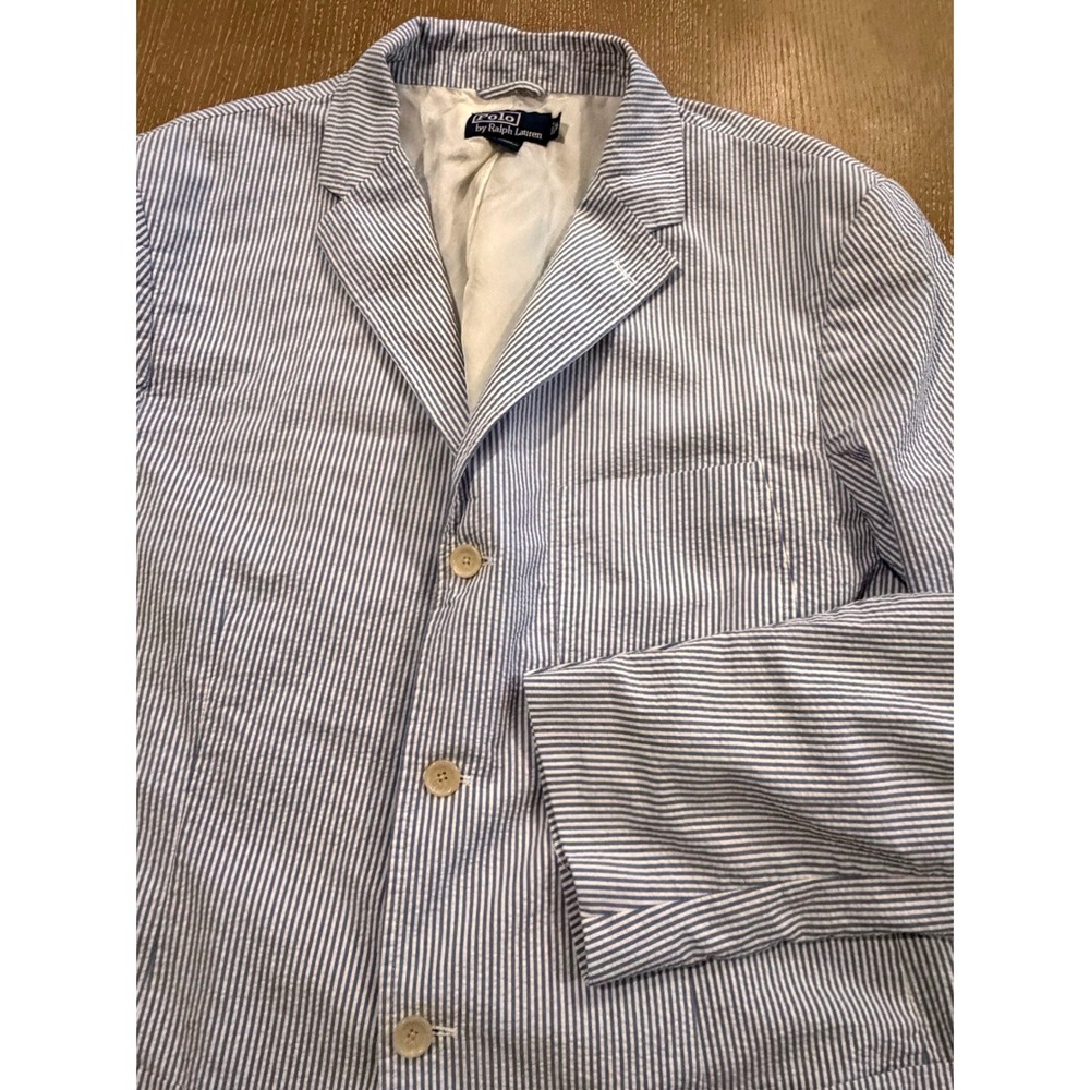 Polo Ralph Lauren Men's XXL Blue White Seersucker Stripe Blazer Sport Coat